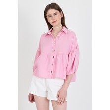 Pembe %100 Pamuk Keten Görünümlü Düğmeli Gömlek 4783A