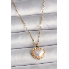 316L Çelik Gold Renk Zincir 3D Inci Kalp Model Kadın Kolye - TJ-BKO9713