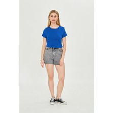 Kadın Örme Ribana Crop T-Shirt