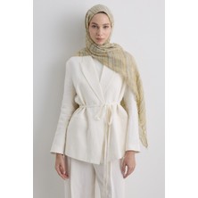 Baby Sarı Ince Çizgili Keten Dokulu Pamuklu Şal