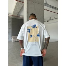 Blue Flowers Oversize T-Shirt - Beyaz