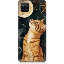 Samsung Galaxy A12 Uyumlu Aya Bakan Meraklı Kedi  Desenli Silikon Kılıf