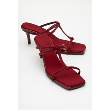 Mocha Bordo Kare Burunlu Ince Bantlı Kadın Topuklu Terlik