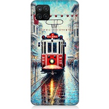 Samsung Galaxy A12 Uyumlu Yağmurlu Sokakta Kırmızı Tramvay  Desenli Silikon Kılıf