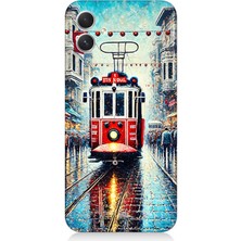 Samsung Galaxy A05 Uyumlu Yağmurlu Sokakta Kırmızı Tramvay  Desenli Silikon Kılıf
