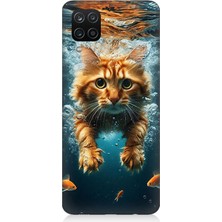 Samsung Galaxy A12 Uyumlu Suda Yüzen Kedi  Desenli Silikon Kılıf
