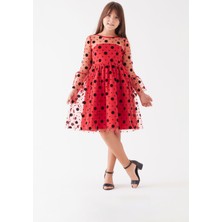 Kız Çocuk Puantiyeli Tüllü Elbise Kırmızı KVC886