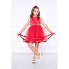 Kız Çocuk Saten ve Tül Abiye Elbise Kırmızı KVC996