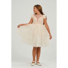 Kız Çocuk Tül Detaylı Abiye Elbise Beyaz KVC1018