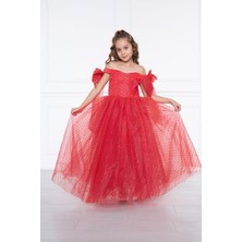 Kız Çocuk Omuzları Fiyonklu Abiye Elbise Kırmızı KVC3008