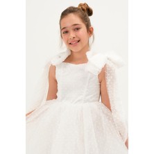 Kız Çocuk Omuzları Fiyonklu Abiye Elbise Beyaz KVC3008