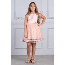 Kız Çocuk Saten ve Tül Abiye Elbise Pudra KVC996