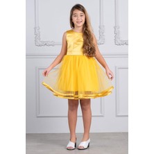 Kız Çocuk Saten ve Tül Abiye Elbise Sarı KVC996