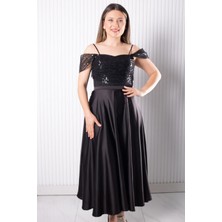 Asklı Pul Payetli Saten Abiye Elbise Siyah MDV386