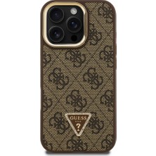 iPhone 16 Pro Max Uyumlu Kılıf Guess Lisanslı Üçgen Logo 4g Desenli Kamera Standlı Kapak Kahverengi