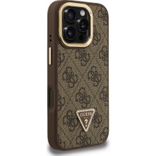iPhone 16 Pro Max Uyumlu Kılıf Guess Lisanslı Üçgen Logo 4g Desenli Kamera Standlı Kapak Kahverengi