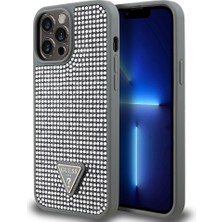 iPhone 13 Pro Max Uyumlu Kılıf Guess Orjinal Lisanslı Taşlı Arka Yüzey Üçgen Logolu Kapak Gümüş