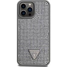 iPhone 13 Pro Max Uyumlu Kılıf Guess Orjinal Lisanslı Taşlı Arka Yüzey Üçgen Logolu Kapak Gümüş