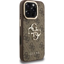 iPhone 16 Pro Max Uyumlu Kılıf Guess Lisanslı Metal 4g ve Yazı Logolu Kamera Standlı Kapak Kahveren
