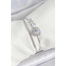 Pirinç Gümüş Renk Kalpli Zirkon Taşlı Kadın Bileklik - EBJ250620W35597
