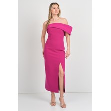 Dans Kadın Kol Detaylı Straplez Midi Abiye Elbise 1816 Fuşya