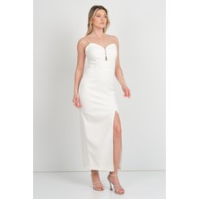 Dans Kadın Ip Askılı Derin Yırtmaçlı Midi Abiye Elbise 1568 Ekru