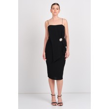 Explosion Kadın Ip Asklı Beli Tokalı Midi Abiye Elbise 7818 Siyah