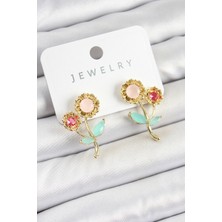 Pirinç Renkli Zirkon Taşlı Papatya Model Gold Renk Kadın Küpe - EBJ250620W35731