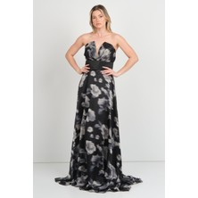 Maxra Govana Kadın Straplez Şifon Desenli Maxi Abiye Elbise 7099 Siyah