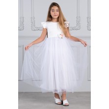 Kız Çocuk Tütülü Simli Abiye Beyaz KVC3009