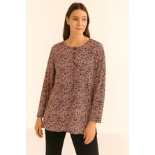 Komple Çiçek Desenli Anne Penye Bluz Pembe