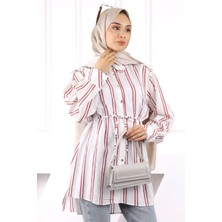Bordo Taş Detaylı Çizgili Tunik