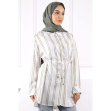 Haki Taş Detaylı Çizgili Tunik