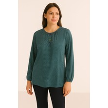 Puantiye Desenli Kolları Lastikli Anne Penye Bluz Yeşil