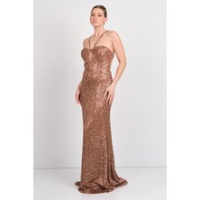 Explosion Kadın Pul Payet Göğüs Dekolteli Saten Askılı Maksi Boy Abiye Elbise 58004 Bakır