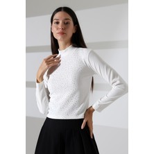 Kadın Uzun Kol Taşlı Bluz, Yarım Balıkçı Yaka (Boğazlı) Body B921