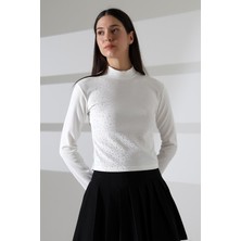 Kadın Uzun Kol Taşlı Bluz, Yarım Balıkçı Yaka (Boğazlı) Body B921