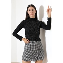Kadın Uzun Kol Taşlı Bluz, Yarım Balıkçı Yaka (Boğazlı) Body B921
