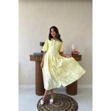 Defy Moda Sarı Kemerli Balon Kollu Elbise
