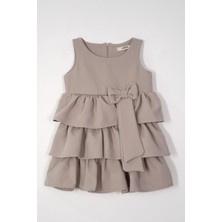 Bisiklet Yaka Kurdele Detaylı Eteği Fırfırlı Sıfır Kol Taş Rengi Kız Çocuk Elbise