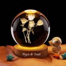 Kişiye Özel Işıklı Ahşap Gül Buketi Kristal Cam Küre 8cm