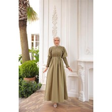 O Yaka Göğsü Büzgülü Belden Bağlamalı Kolları Lastikli Uzun Elbise - (38-46) - 71272 - Haki