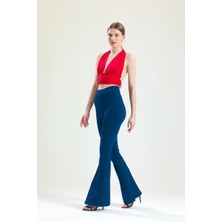 Dream Style Kadın Lacivert Ispanyol Paça Dalgıç Kumaş Yüksek Bel Likralı Toparlayıcı Tayt Pantolon