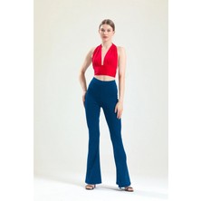 Dream Style Kadın Lacivert Ispanyol Paça Dalgıç Kumaş Yüksek Bel Likralı Toparlayıcı Tayt Pantolon