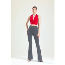 Dream Style Kadın Gri Ispanyol Paça Dalgıç Kumaş Yüksek Bel Likralı Toparlayıcı Tayt Pantolon