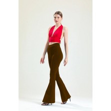 Dream Style Kadın Kahverengi Ispanyol Paça Dalgıç Kumaş Yüksek Bel Likralı Toparlayıcı Tayt Pantolon
