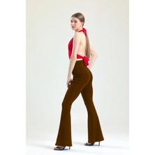 Dream Style Kadın Kahverengi Ispanyol Paça Dalgıç Kumaş Yüksek Bel Likralı Toparlayıcı Tayt Pantolon