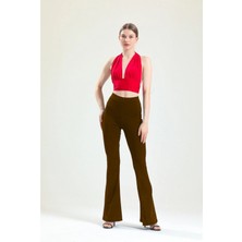 Dream Style Kadın Kahverengi Ispanyol Paça Dalgıç Kumaş Yüksek Bel Likralı Toparlayıcı Tayt Pantolon