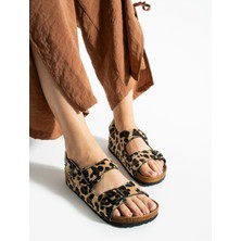 Pantofole Çift Tokalı Leopar Sandalet