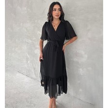 Hopeful Design Kruveze Kol Kuşaklı Fırfırlı Düz Şifon Elbise